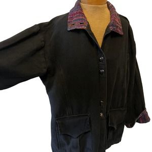 Venus Imports Womens black heavy cotton coat jacket colorful woven accents XL
